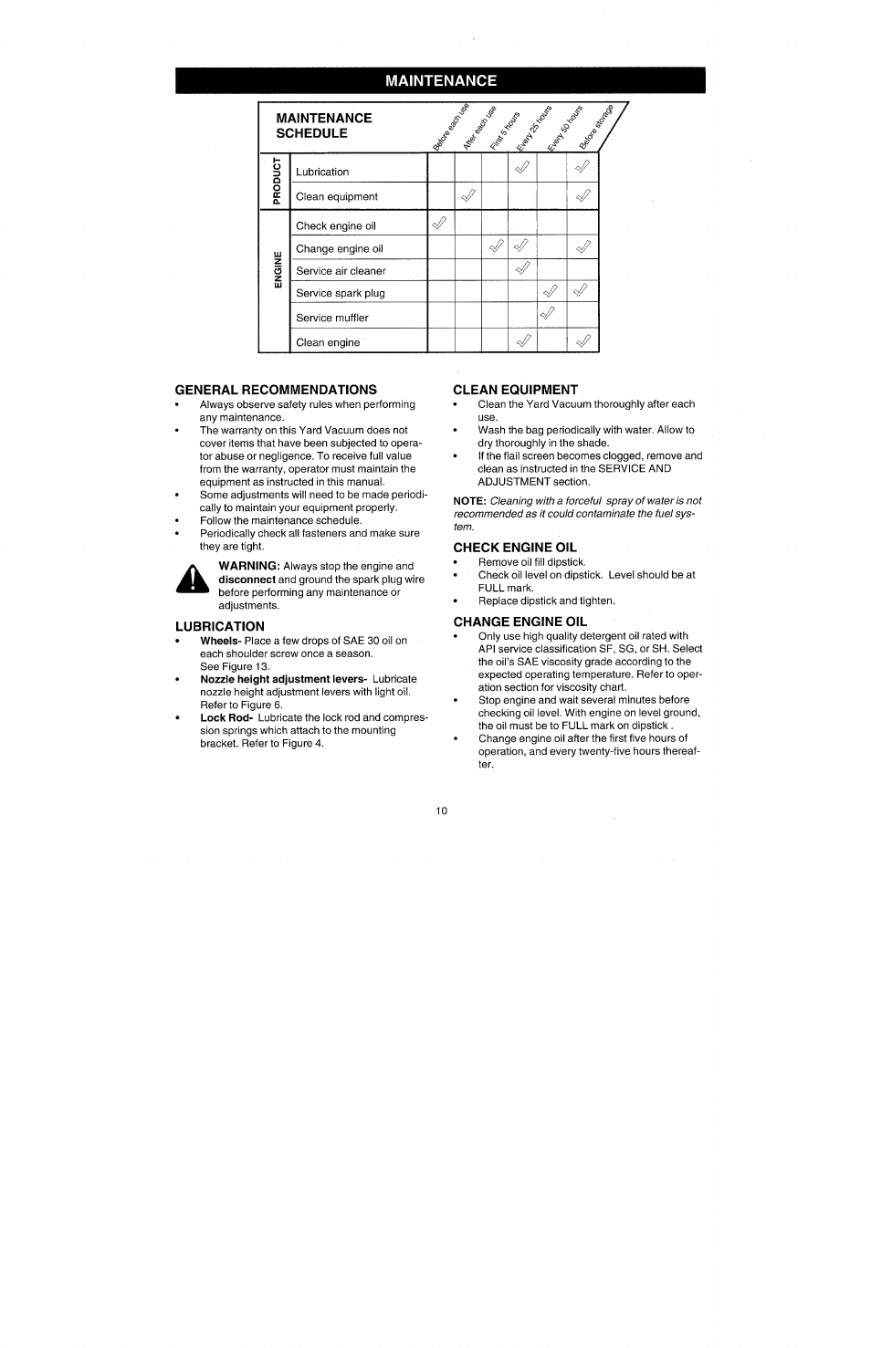 Maintenance, Schedule, General recommendations | Lubrication, Clean equipment, Check engine oil, Change engine oil | Bolens 247.77010 User Manual | Page 10 / 60