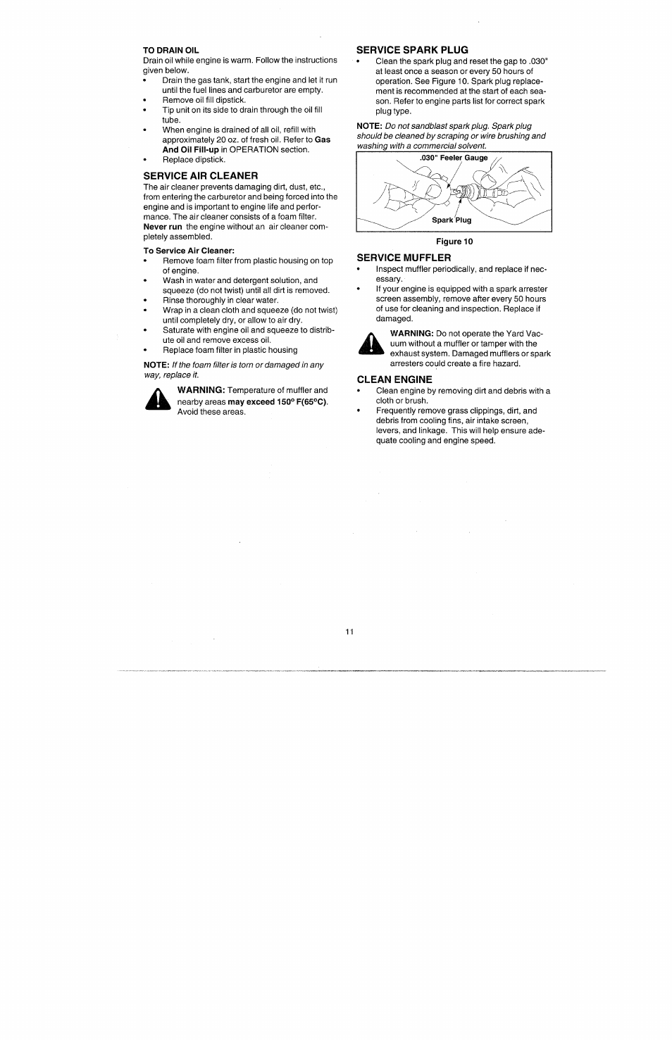 To drain oil, Service air cleaner, To service air cleaner | Service spark plug, Service muffler, Clean engine | Bolens 247.77010 User Manual | Page 11 / 60