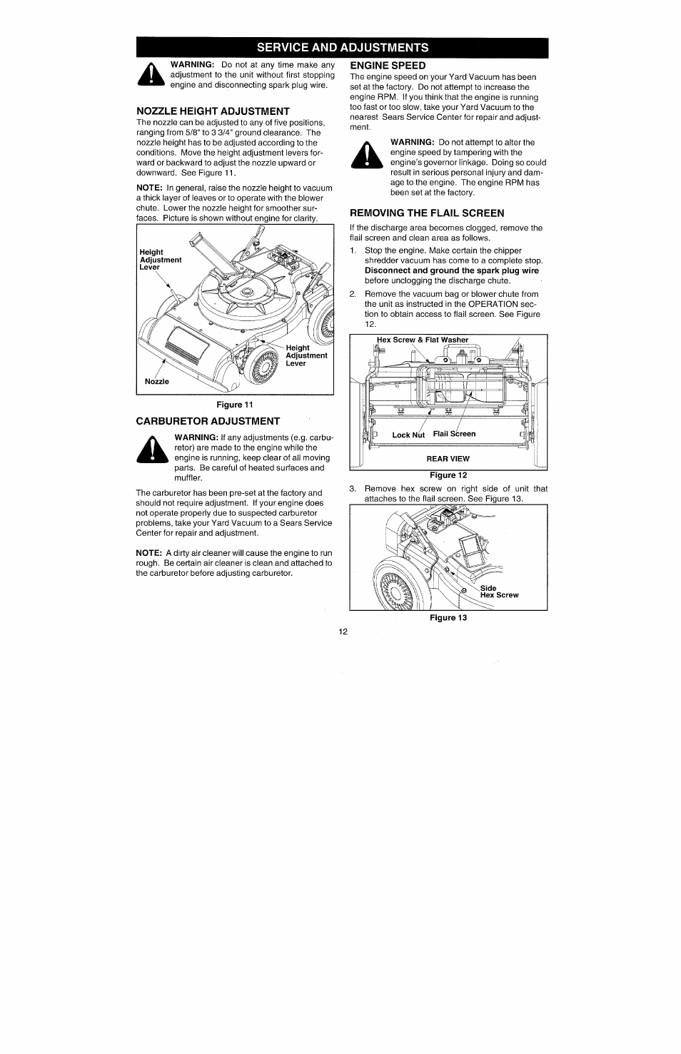 Nozzle height adjustment, Carburetor adjustment, Engine speed | Removing the flail screen | Bolens 247.77010 User Manual | Page 12 / 60