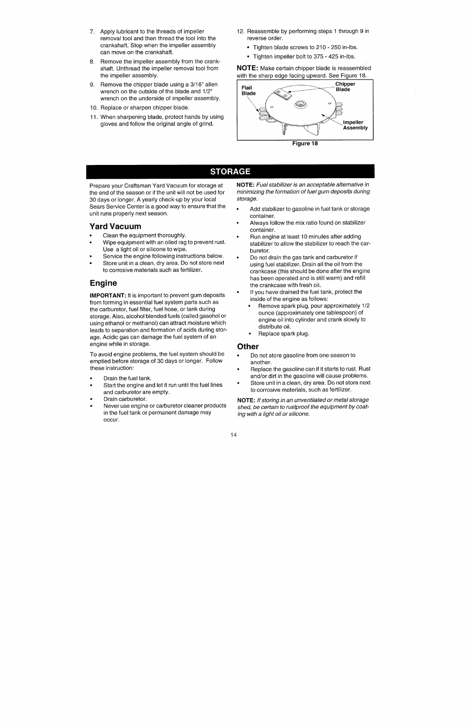 Storage, Yard vacuum, Engine | Other | Bolens 247.77010 User Manual | Page 14 / 60