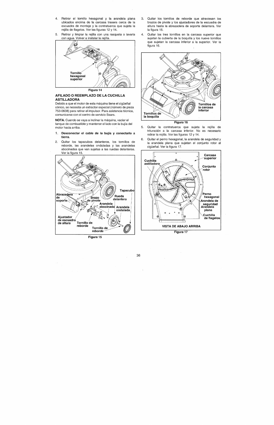 Afilado o reemplazo de la cuchilla astilladora | Bolens 247.77010 User Manual | Page 36 / 60