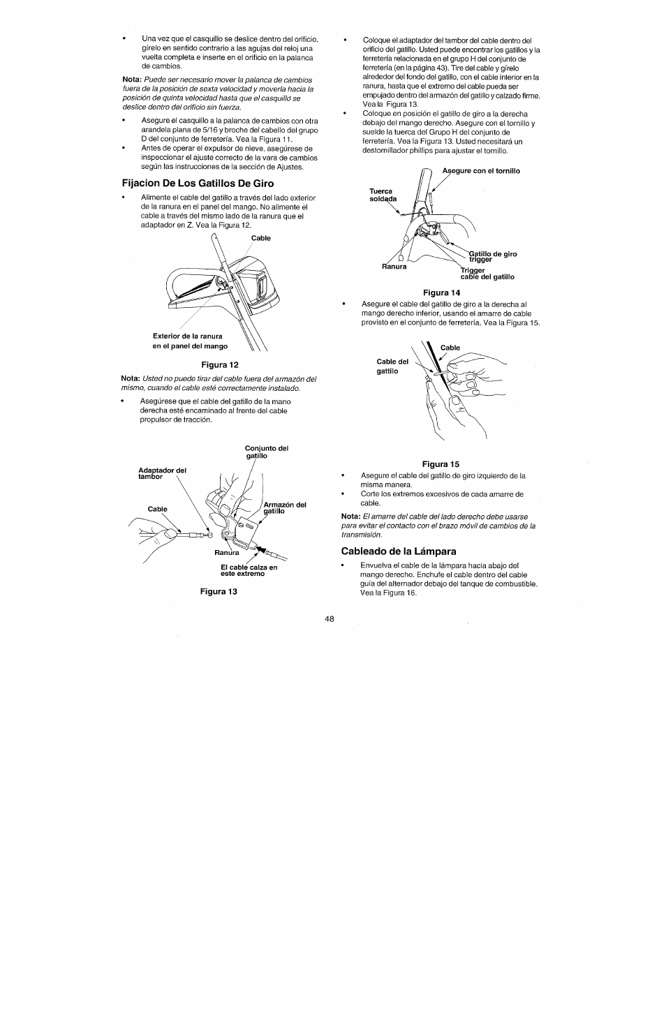 Fijación de los gatillos de giro, Figura 14, Figura 15 | Cableado de la lámpara | Bolens 247.77010 User Manual | Page 44 / 60