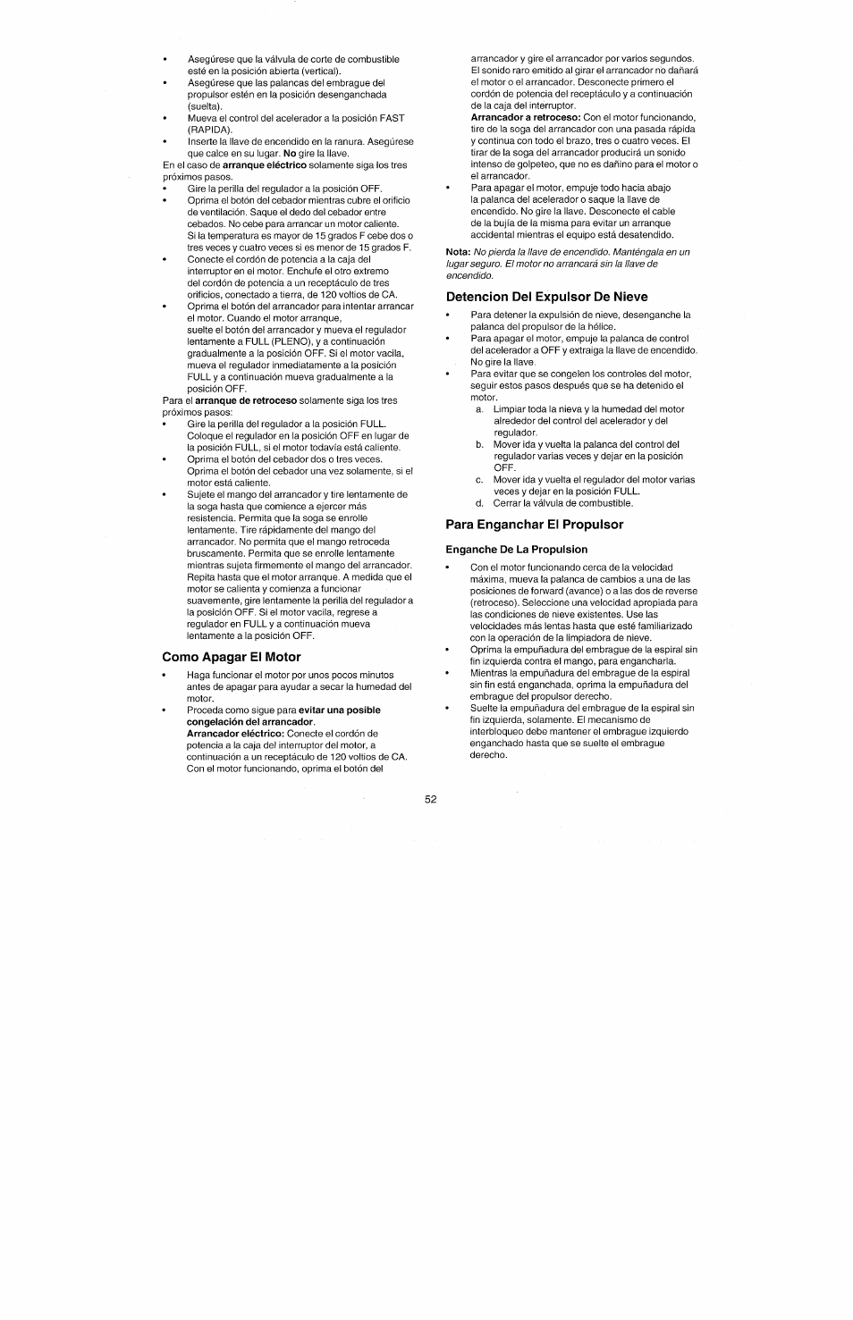 Como apagar el motor, Detención del expulsor de nieve, Para enganchar el propulsor | Bolens 247.77010 User Manual | Page 48 / 60