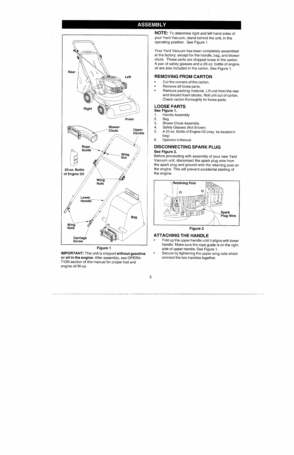 Removing from carton, Loose parts, Disconnecting spark plug | Attaching the handle, Assembly | Bolens 247.77010 User Manual | Page 5 / 60