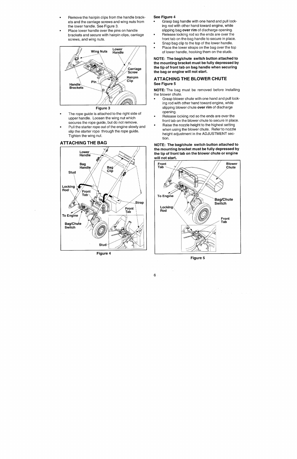 Attaching the bag, See figure 4, Attaching the blower chute | Bolens 247.77010 User Manual | Page 6 / 60