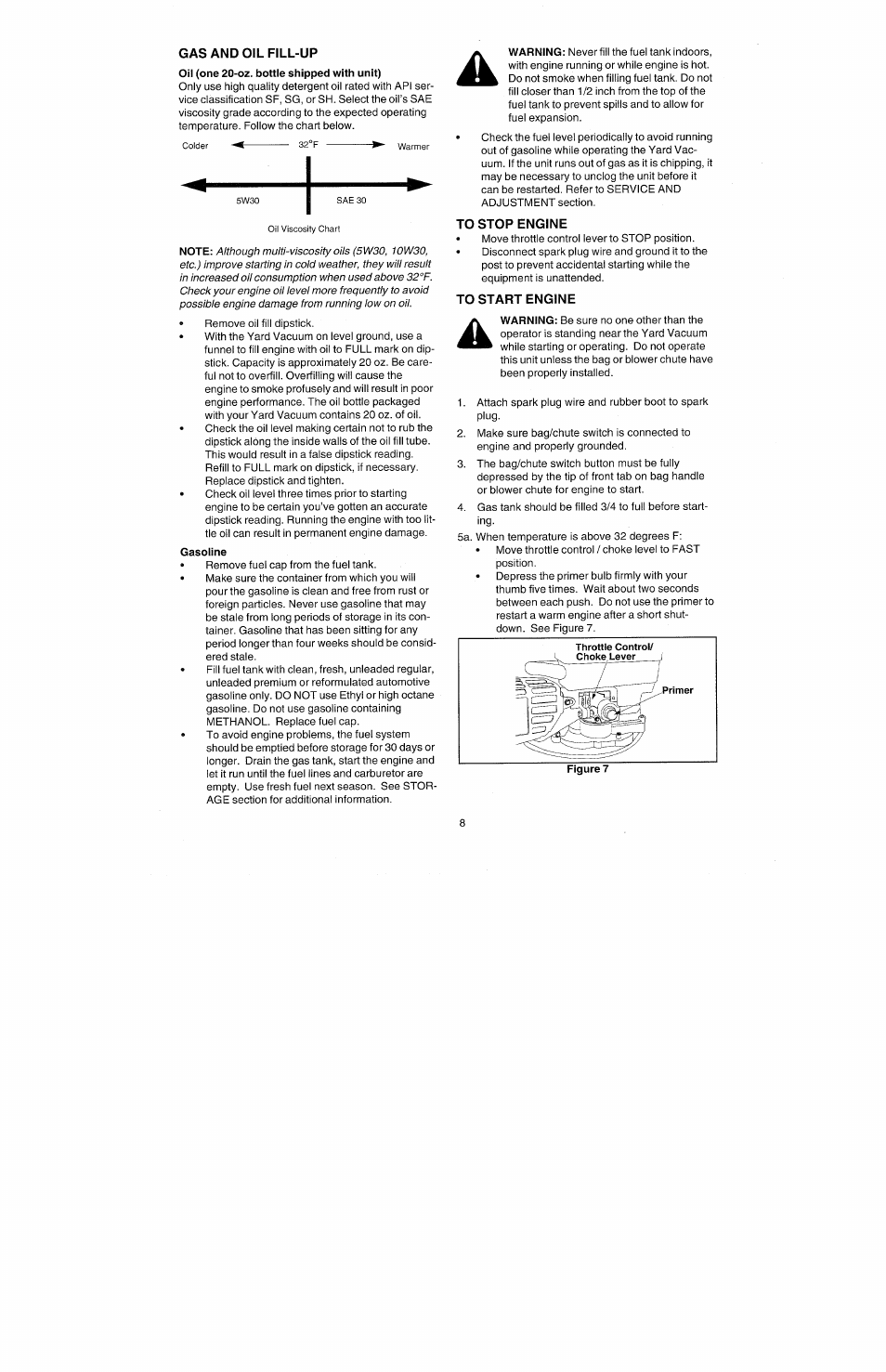 Gas and oil fill-up, Gasoline, To stop engine | To start engine | Bolens 247.77010 User Manual | Page 8 / 60