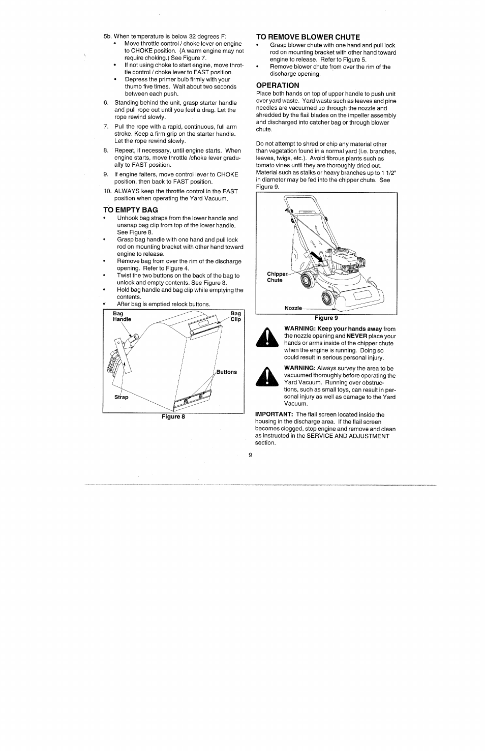 To empty bag, To remove blower chute, Operation | Bolens 247.77010 User Manual | Page 9 / 60