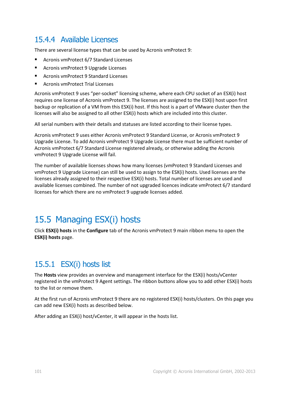 Available licenses, 5 managing esx(i) hosts, Esx(i) hosts list | P. 101), 4 available licenses, 1 esx(i) hosts list | Acronis Backup for VMware 9 - User Guide User Manual | Page 101 / 123
