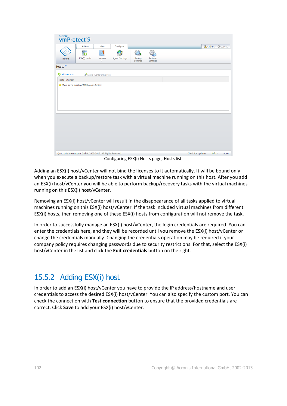 Adding esx(i) host, 2 adding esx(i) host | Acronis Backup for VMware 9 - User Guide User Manual | Page 102 / 123