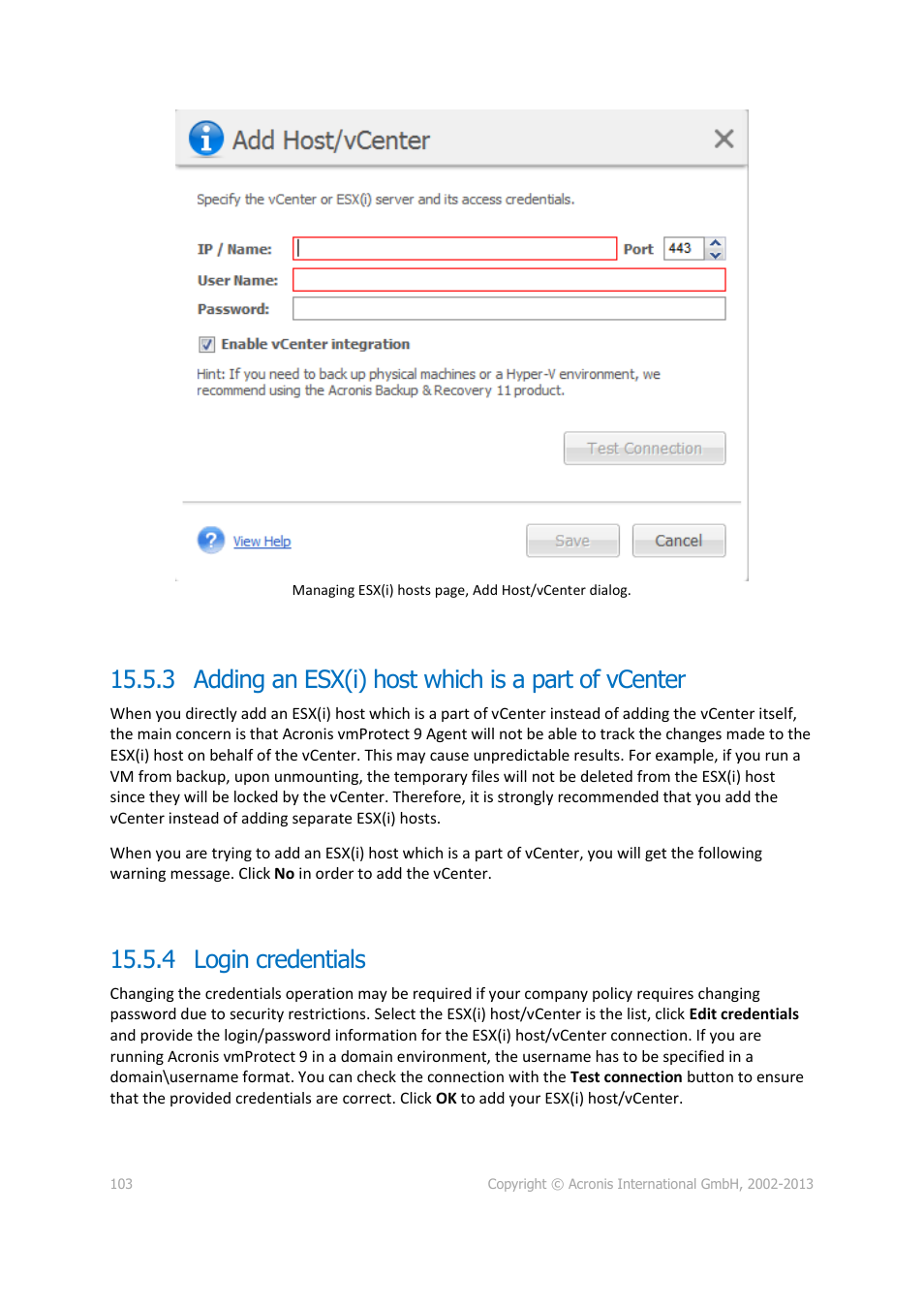 Adding an esx(i) host which is a part of vcenter, Login credentials, 3 adding an esx(i) host which is a part of vcenter | 4 login credentials | Acronis Backup for VMware 9 - User Guide User Manual | Page 103 / 123