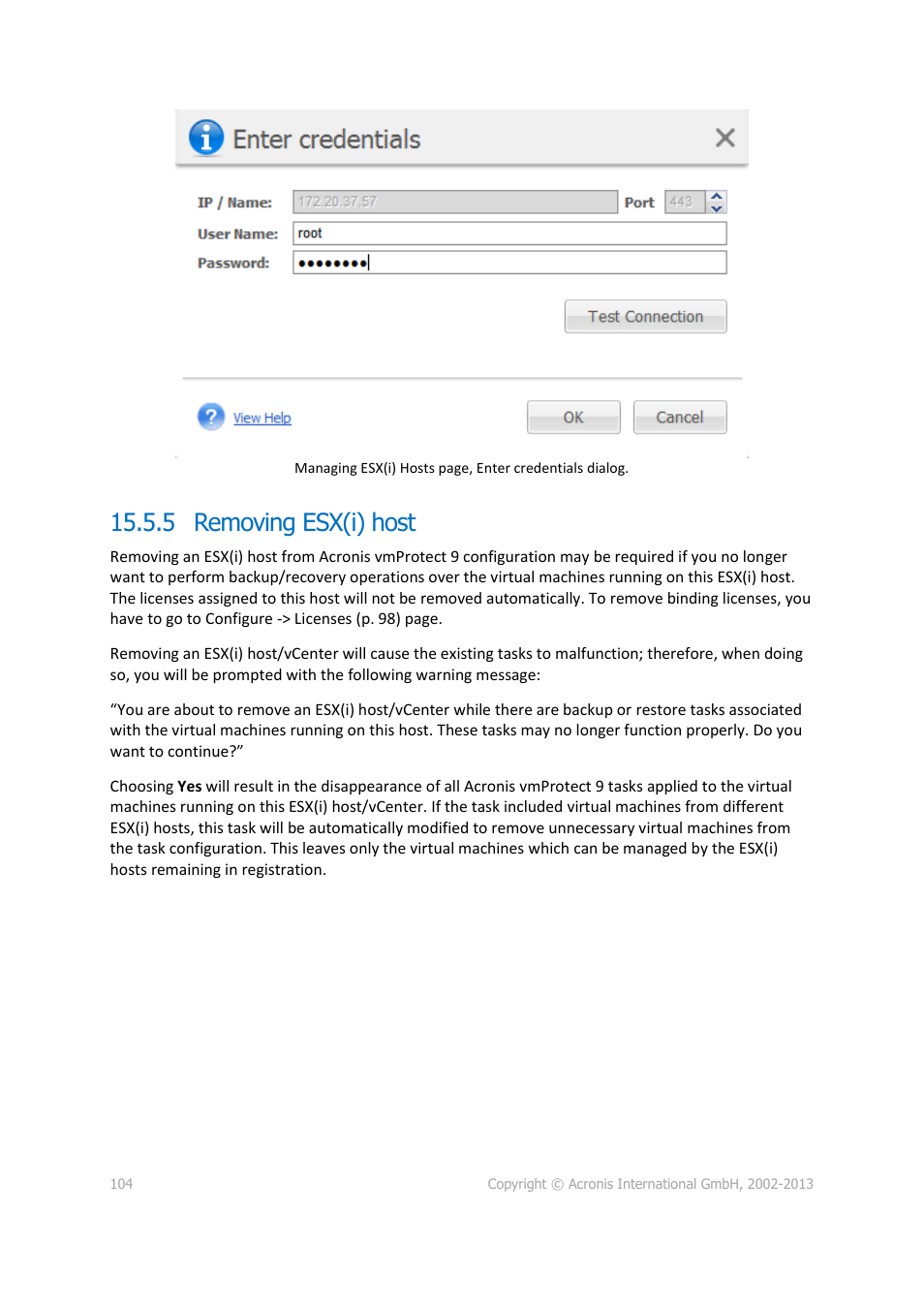 Removing esx(i) host, 5 removing esx(i) host | Acronis Backup for VMware 9 - User Guide User Manual | Page 104 / 123