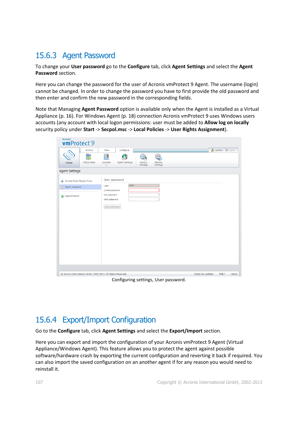 Agent password, Export/import configuration, 3 agent password | 4 export/import configuration | Acronis Backup for VMware 9 - User Guide User Manual | Page 107 / 123