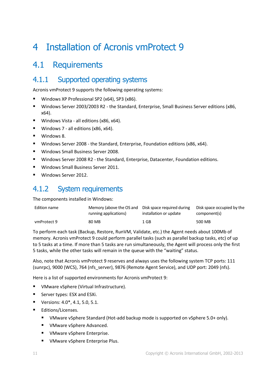 Installation of acronis vmprotect 9, Requirements, Supported operating systems | System requirements, 4 installation of acronis vmprotect 9, 1 requirements, 1 supported operating systems, 2 system requirements | Acronis Backup for VMware 9 - User Guide User Manual | Page 11 / 123