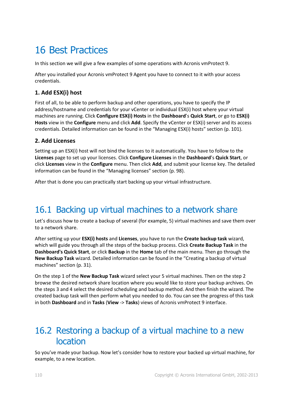 16 best practices, 1 backing up virtual machines to a network share | Acronis Backup for VMware 9 - User Guide User Manual | Page 110 / 123