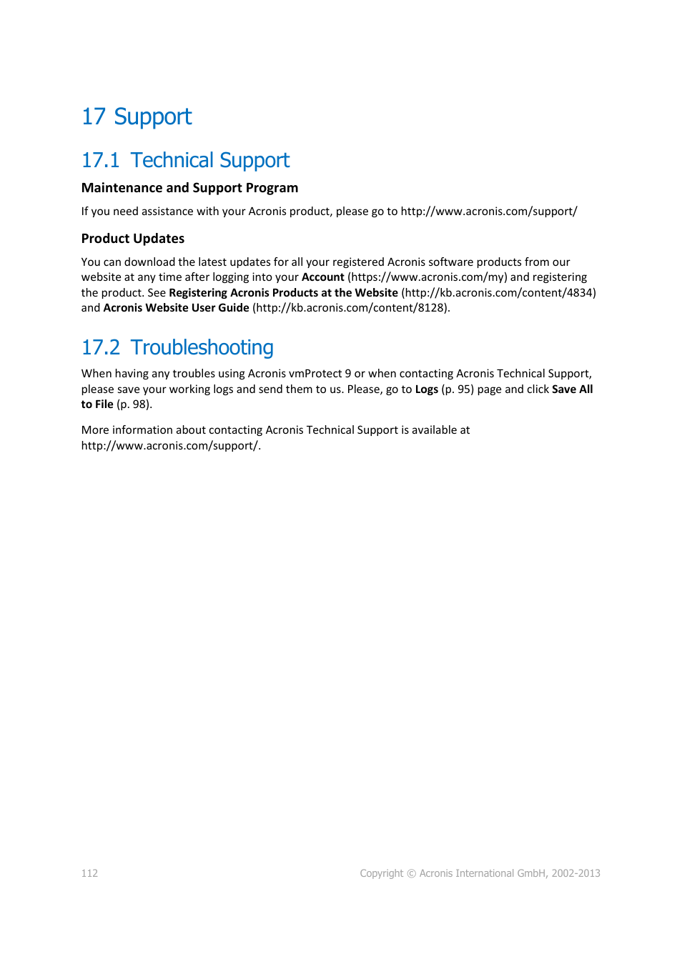 17 support, 1 technical support, 2 troubleshooting | Acronis Backup for VMware 9 - User Guide User Manual | Page 112 / 123