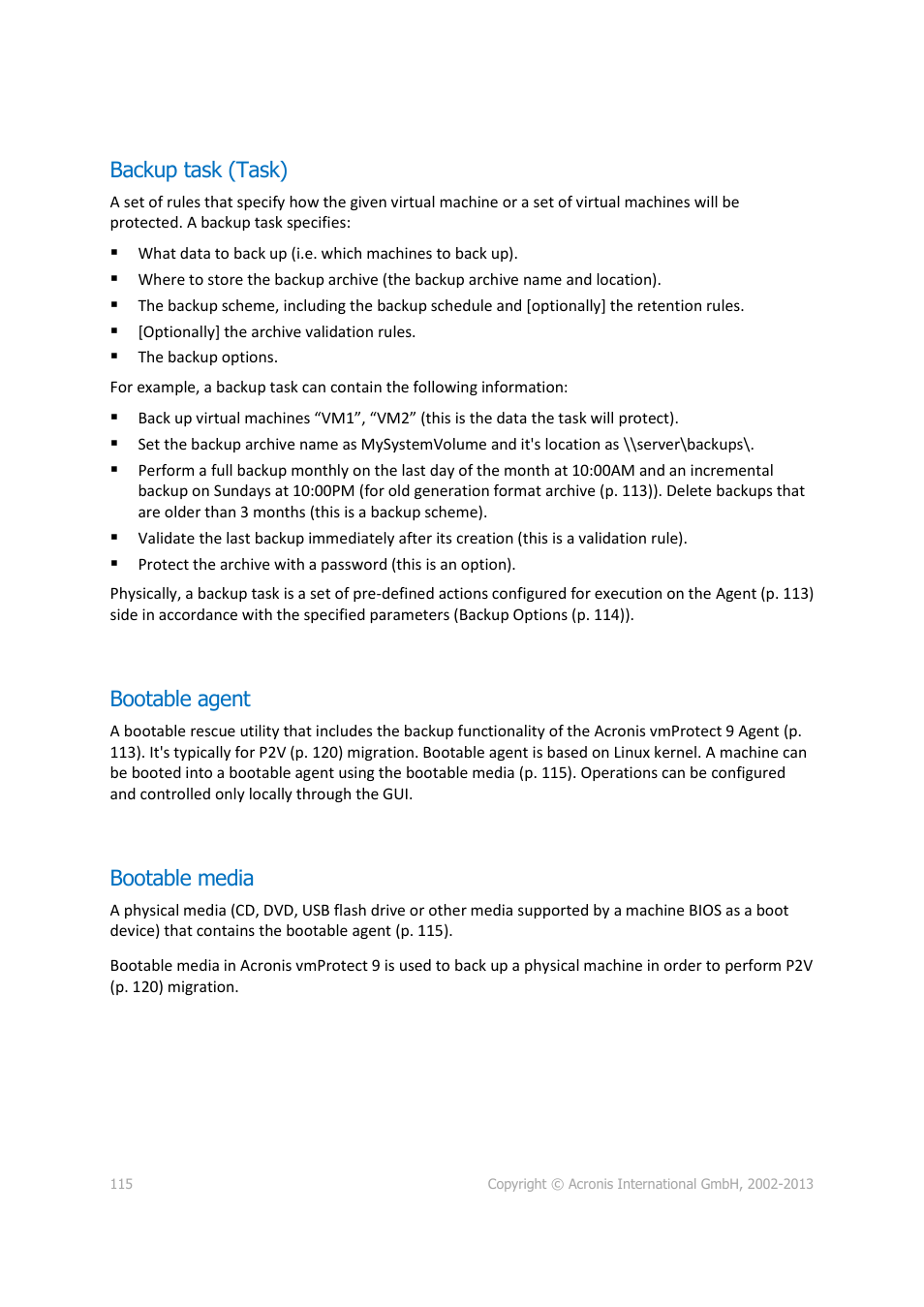 P. 115). an, Backup task (task), Bootable agent | Bootable media | Acronis Backup for VMware 9 - User Guide User Manual | Page 115 / 123