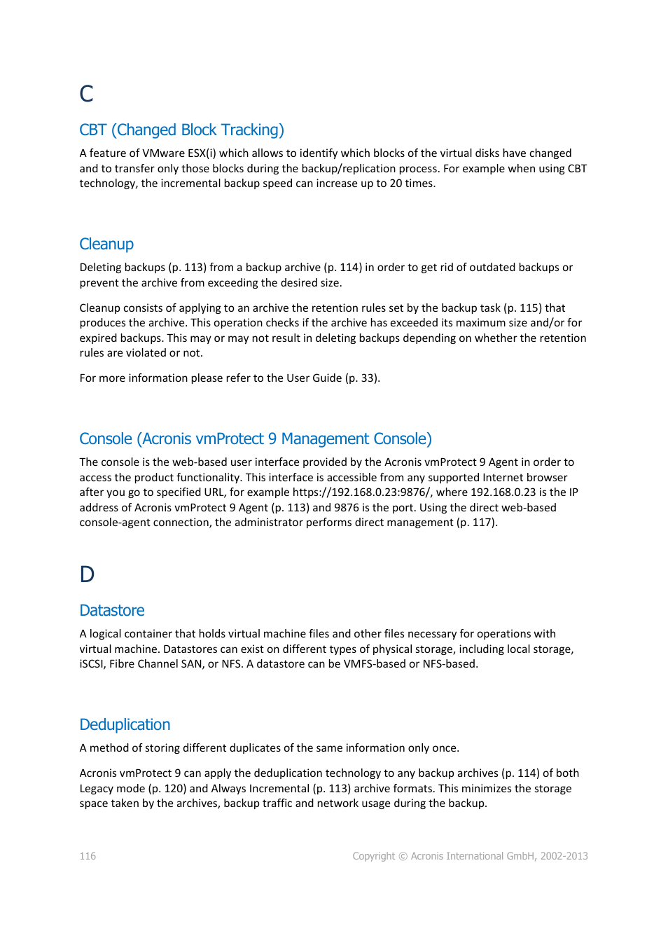 Cbt (changed block tracking), Cleanup, Console (acronis vmprotect 9 management console) | Datastore, Deduplication | Acronis Backup for VMware 9 - User Guide User Manual | Page 116 / 123