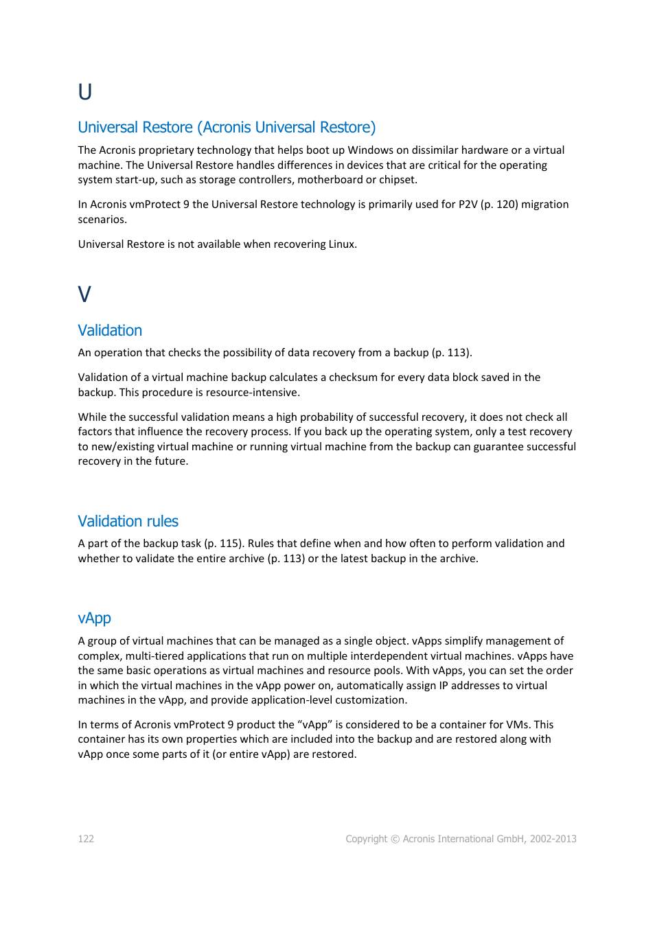 Universal restore (acronis universal restore), Validation, Validation rules | Vapp | Acronis Backup for VMware 9 - User Guide User Manual | Page 122 / 123