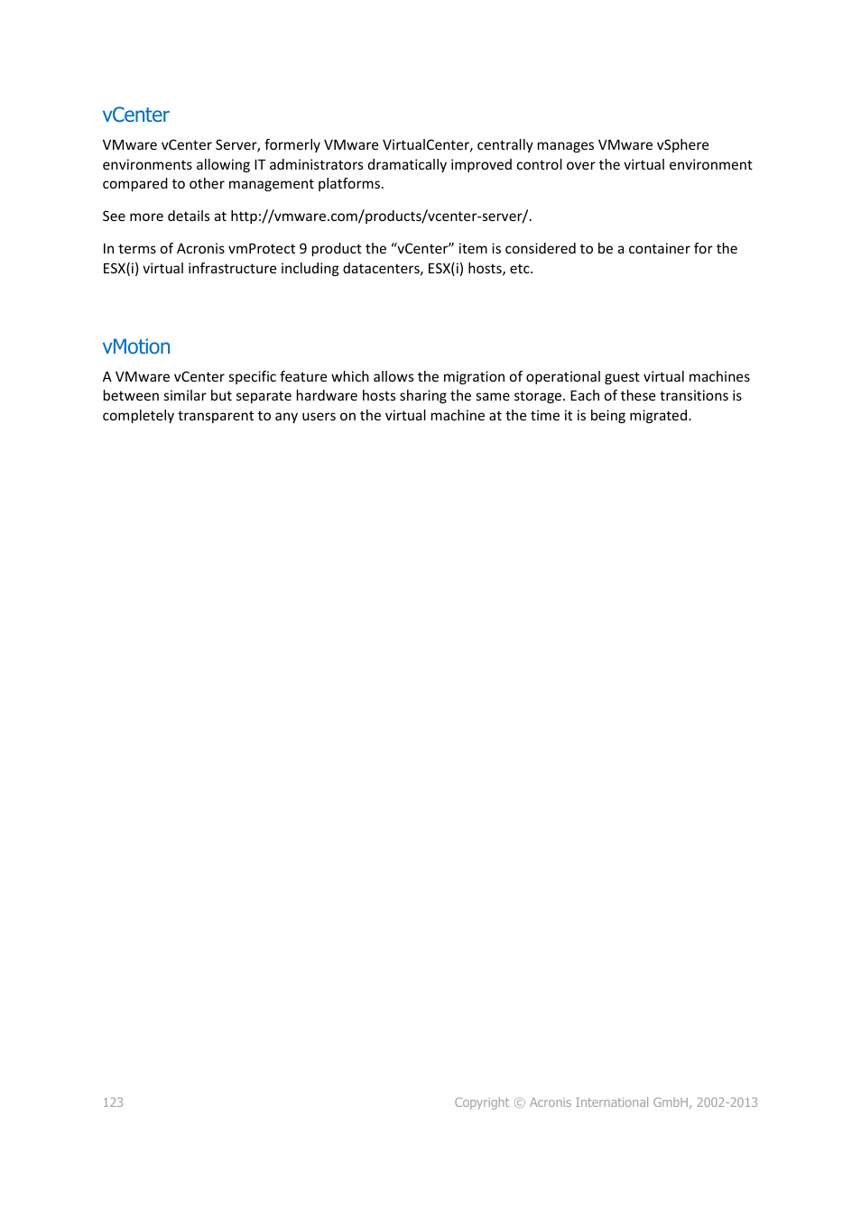 P. 123), Vcenter, Vmotion | Acronis Backup for VMware 9 - User Guide User Manual | Page 123 / 123