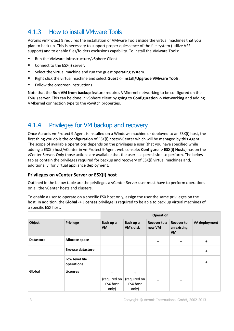 How to install vmware tools, Privileges for vm backup and recovery, 3 how to install vmware tools | 4 privileges for vm backup and recovery, Privileges on vcenter server or esx(i) host | Acronis Backup for VMware 9 - User Guide User Manual | Page 13 / 123