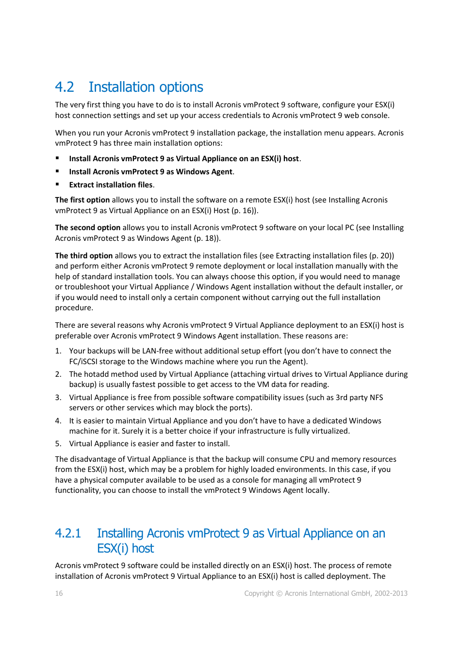 Installation options, 2 installation options | Acronis Backup for VMware 9 - User Guide User Manual | Page 16 / 123