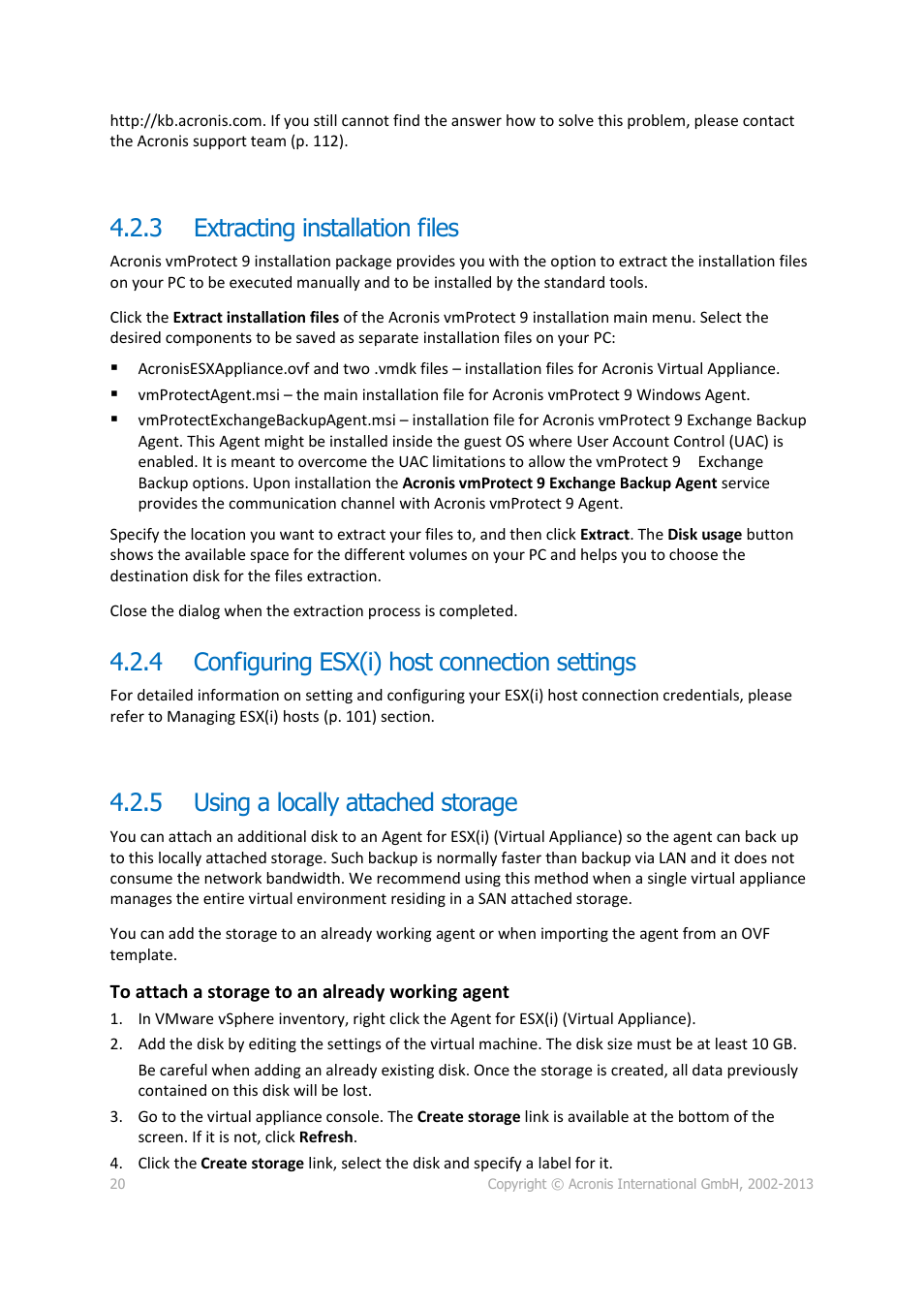 Extracting installation files, Configuring esx(i) host connection settings, Using a locally attached storage | 3 extracting installation files, 4 configuring esx(i) host connection settings, 5 using a locally attached storage | Acronis Backup for VMware 9 - User Guide User Manual | Page 20 / 123