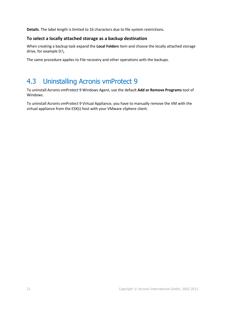 Uninstalling acronis vmprotect 9, 3 uninstalling acronis vmprotect 9 | Acronis Backup for VMware 9 - User Guide User Manual | Page 21 / 123