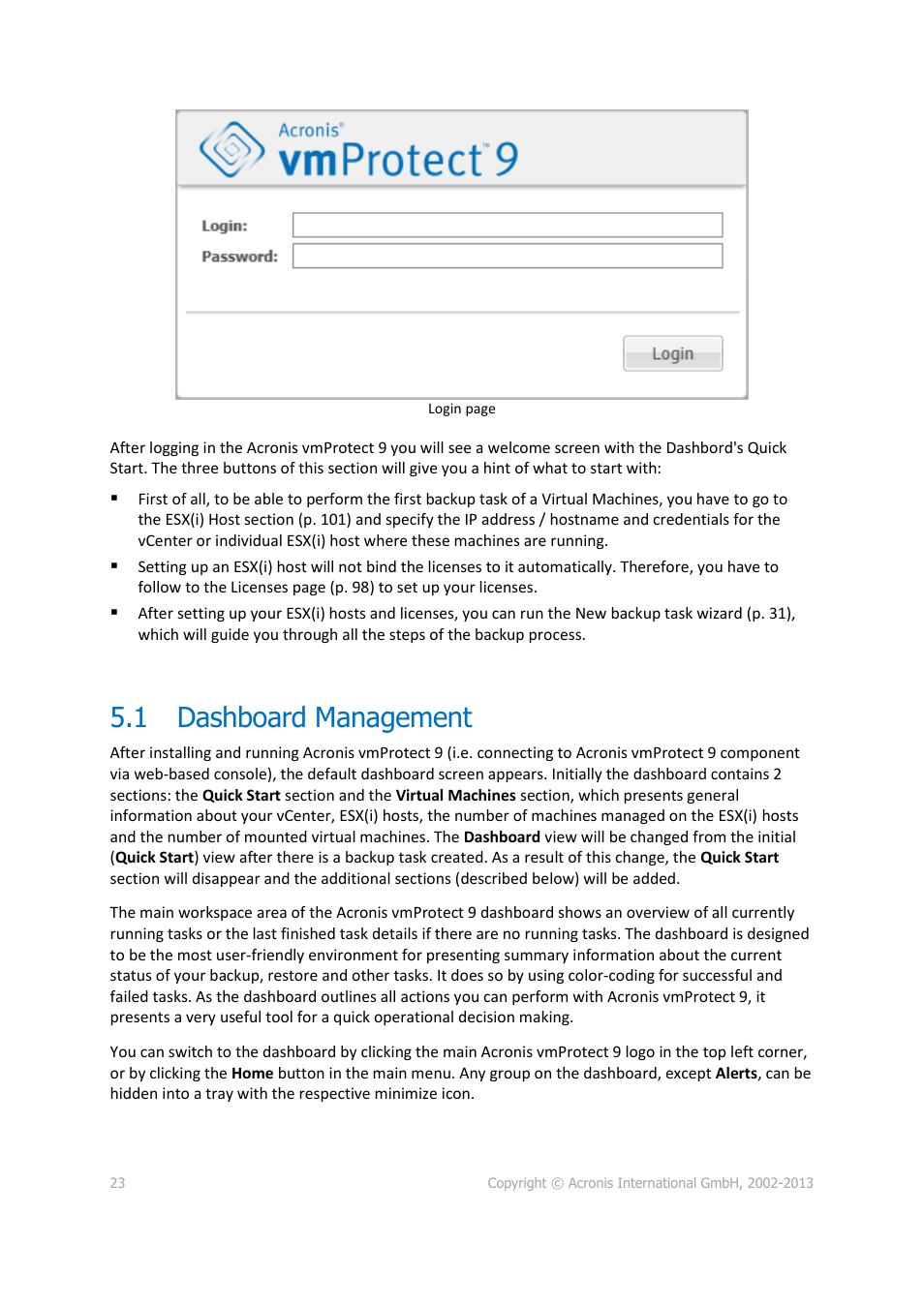 Dashboard management, 1 dashboard management | Acronis Backup for VMware 9 - User Guide User Manual | Page 23 / 123