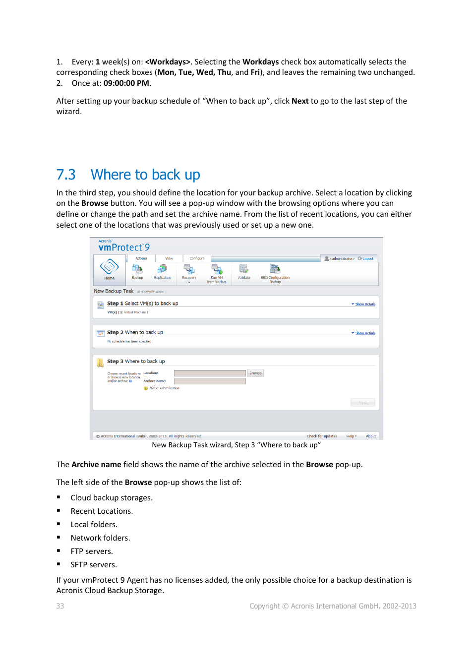 Where to back up, 3 where to back up | Acronis Backup for VMware 9 - User Guide User Manual | Page 33 / 123