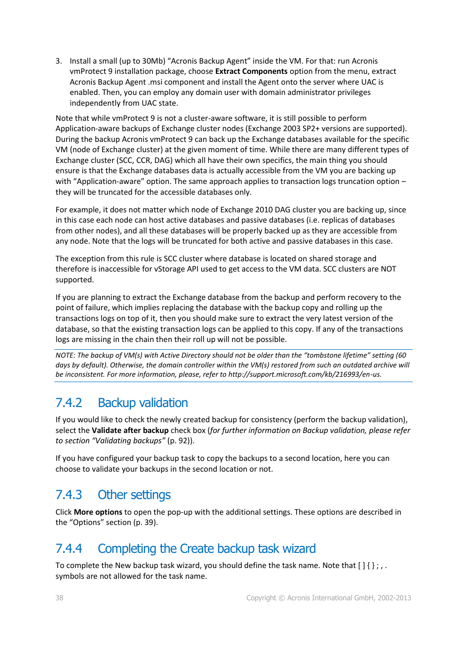 Backup validation, Other settings, Completing the create backup task wizard | 2 backup validation, 3 other settings, 4 completing the create backup task wizard | Acronis Backup for VMware 9 - User Guide User Manual | Page 38 / 123