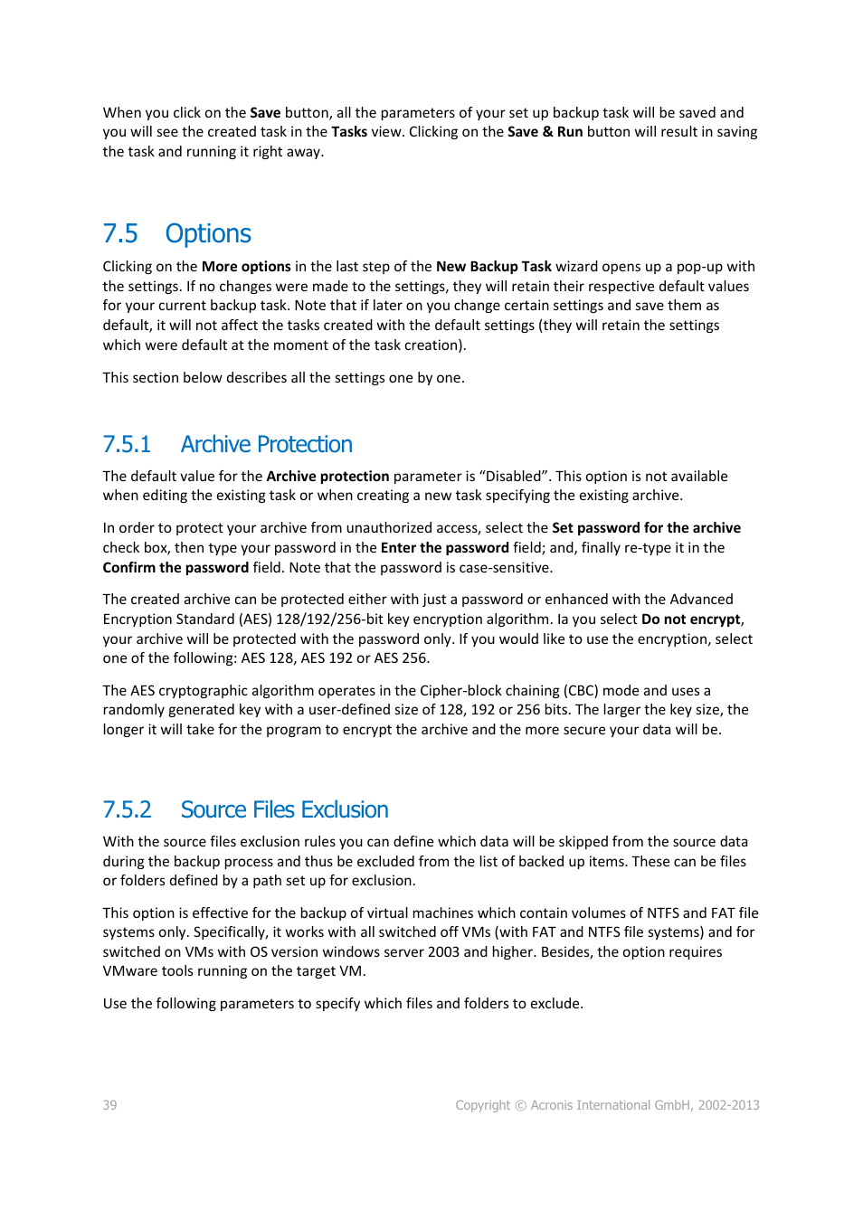 Options, Archive protection, Source files exclusion | 5 options, 1 archive protection, 2 source files exclusion | Acronis Backup for VMware 9 - User Guide User Manual | Page 39 / 123