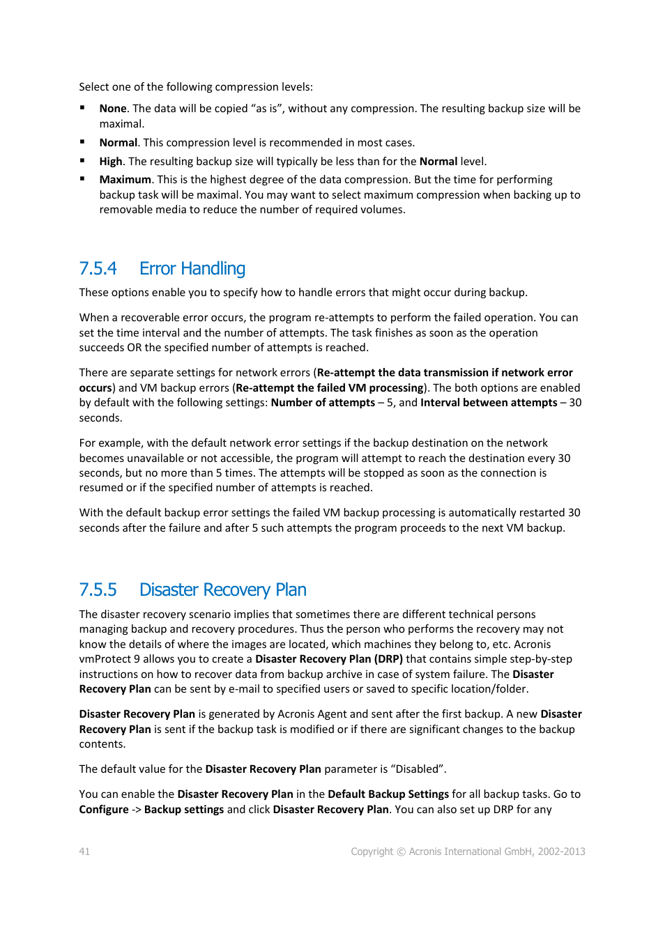 Error handling, Disaster recovery plan, 4 error handling | 5 disaster recovery plan | Acronis Backup for VMware 9 - User Guide User Manual | Page 41 / 123