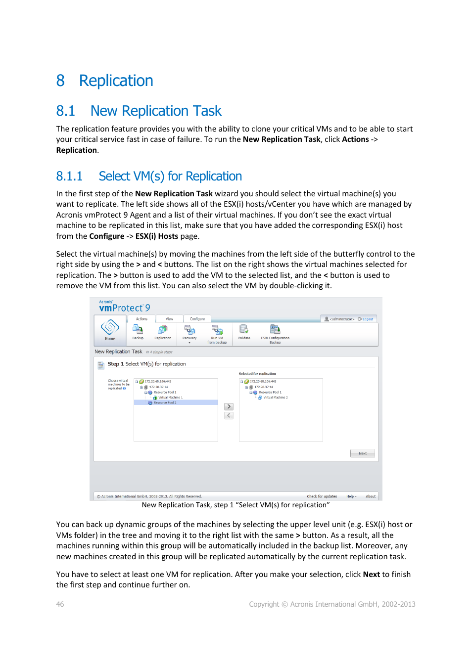 Replication, New replication task, Select vm(s) for replication | P. 46), 8 replication, 1 new replication task, 1 select vm(s) for replication | Acronis Backup for VMware 9 - User Guide User Manual | Page 46 / 123