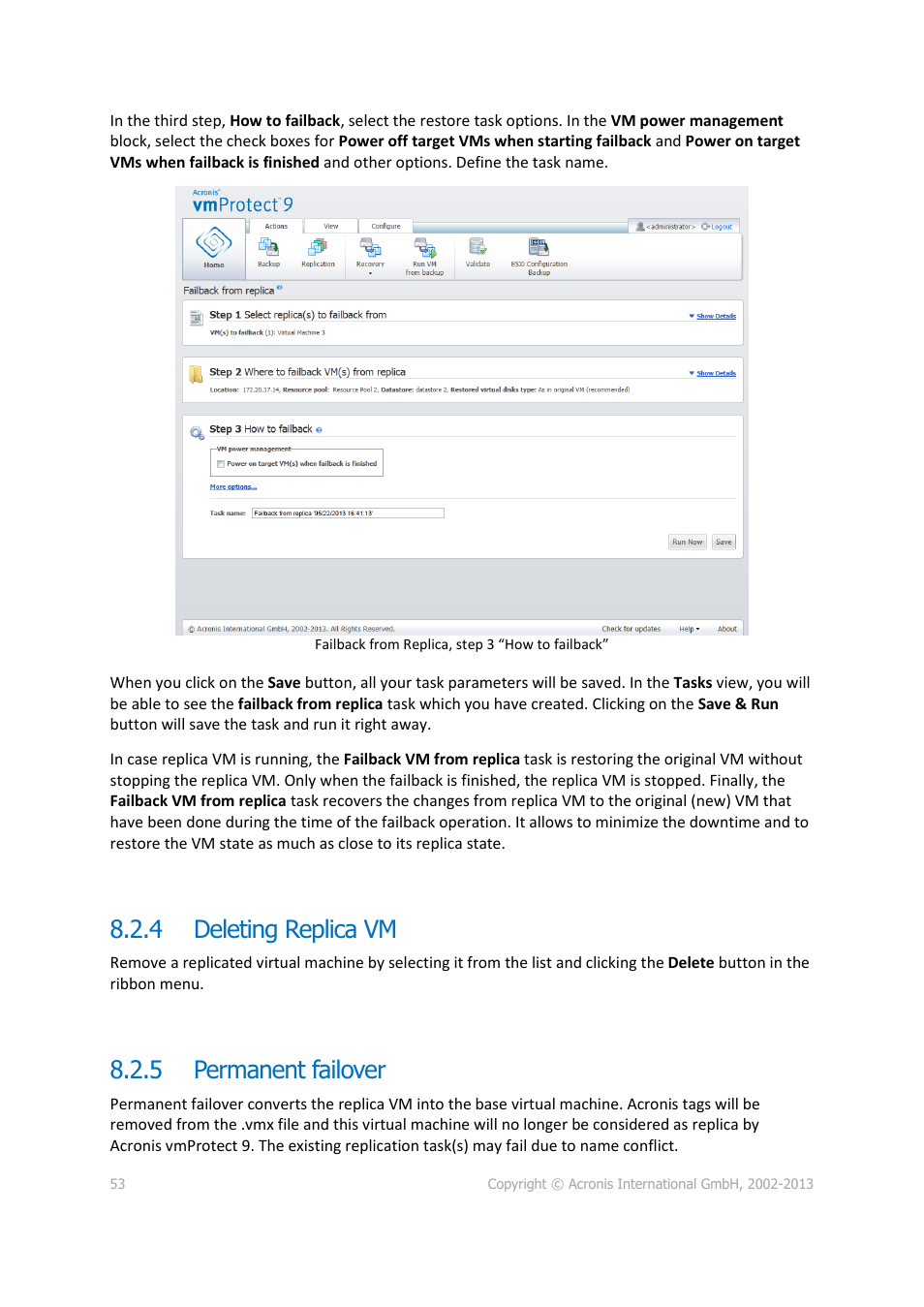 Deleting replica vm, Permanent failover, 4 deleting replica vm | 5 permanent failover | Acronis Backup for VMware 9 - User Guide User Manual | Page 53 / 123