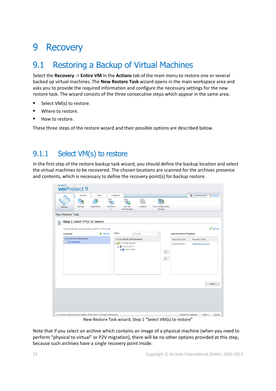 Recovery, Restoring a backup of virtual machines, Select vm(s) to restore | 9 recovery, 1 restoring a backup of virtual machines, 1 select vm(s) to restore | Acronis Backup for VMware 9 - User Guide User Manual | Page 55 / 123