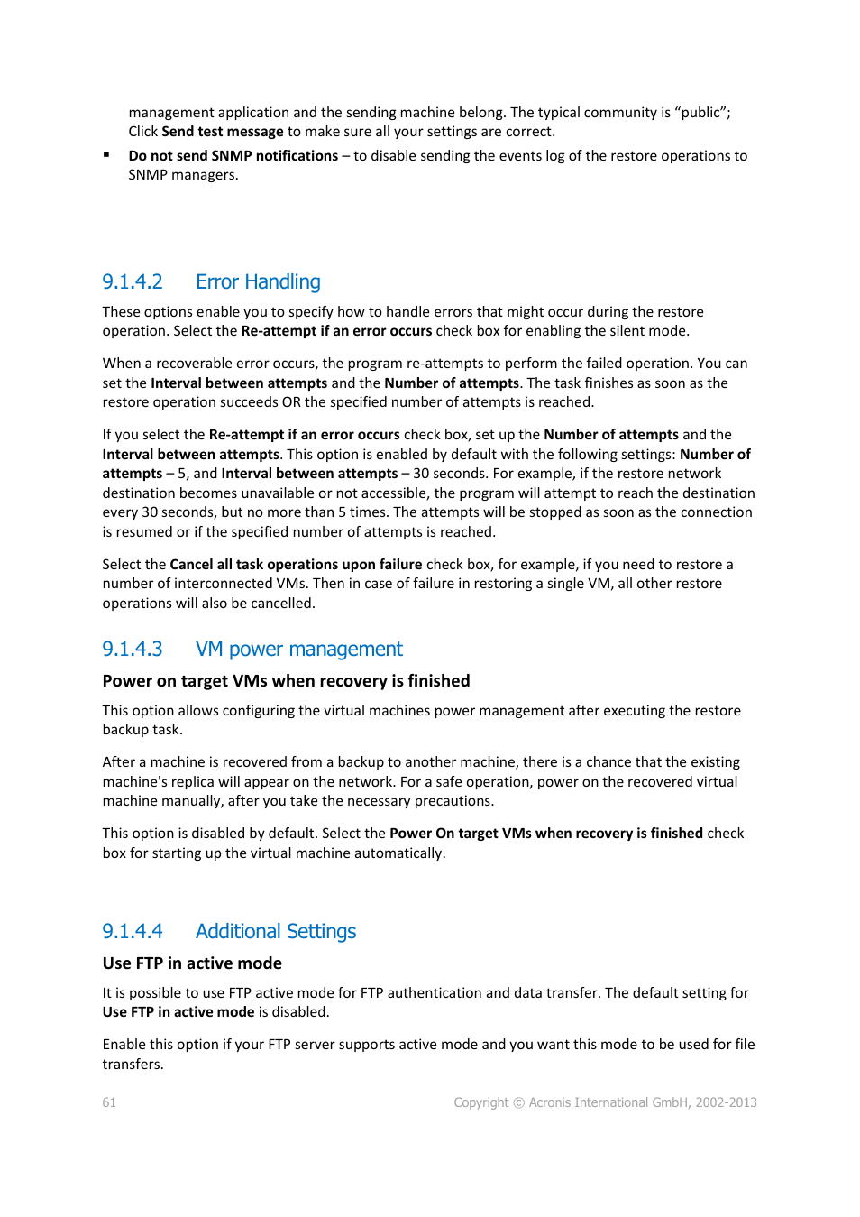 2 error handling, 3 vm power management, 4 additional settings | Acronis Backup for VMware 9 - User Guide User Manual | Page 61 / 123