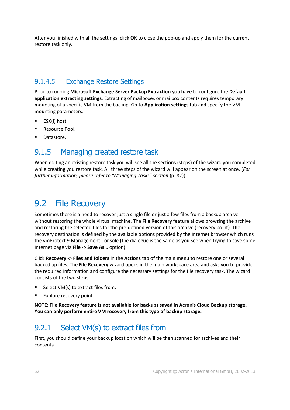 Managing created restore task, File recovery, Select vm(s) to extract files from | 2 file recovery, 5 managing created restore task, 1 select vm(s) to extract files from, 5 exchange restore settings | Acronis Backup for VMware 9 - User Guide User Manual | Page 62 / 123