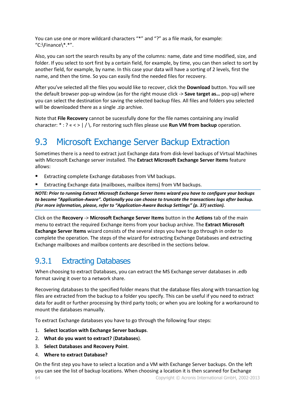 Microsoft exchange server backup extraction, Extracting databases, 3 microsoft exchange server backup extraction | 1 extracting databases | Acronis Backup for VMware 9 - User Guide User Manual | Page 64 / 123