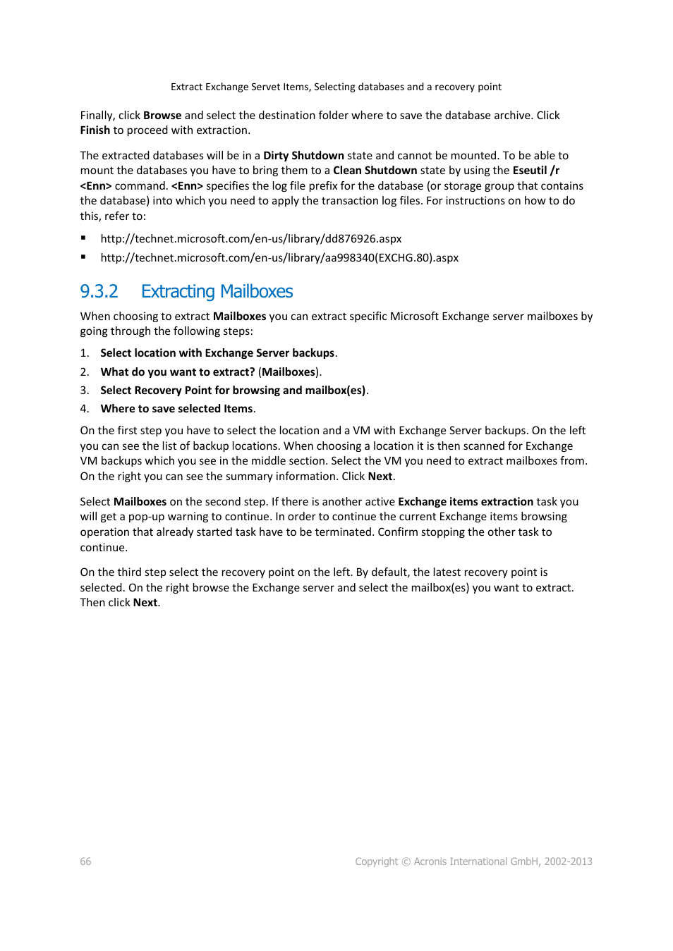 Extracting mailboxes, 2 extracting mailboxes | Acronis Backup for VMware 9 - User Guide User Manual | Page 66 / 123