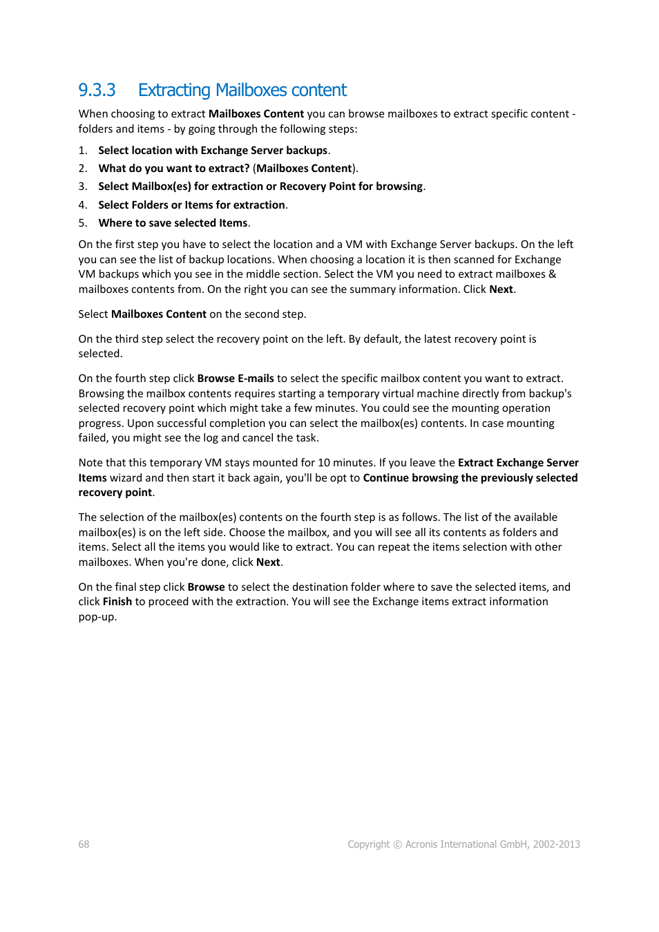 Extracting mailboxes content, 3 extracting mailboxes content | Acronis Backup for VMware 9 - User Guide User Manual | Page 68 / 123