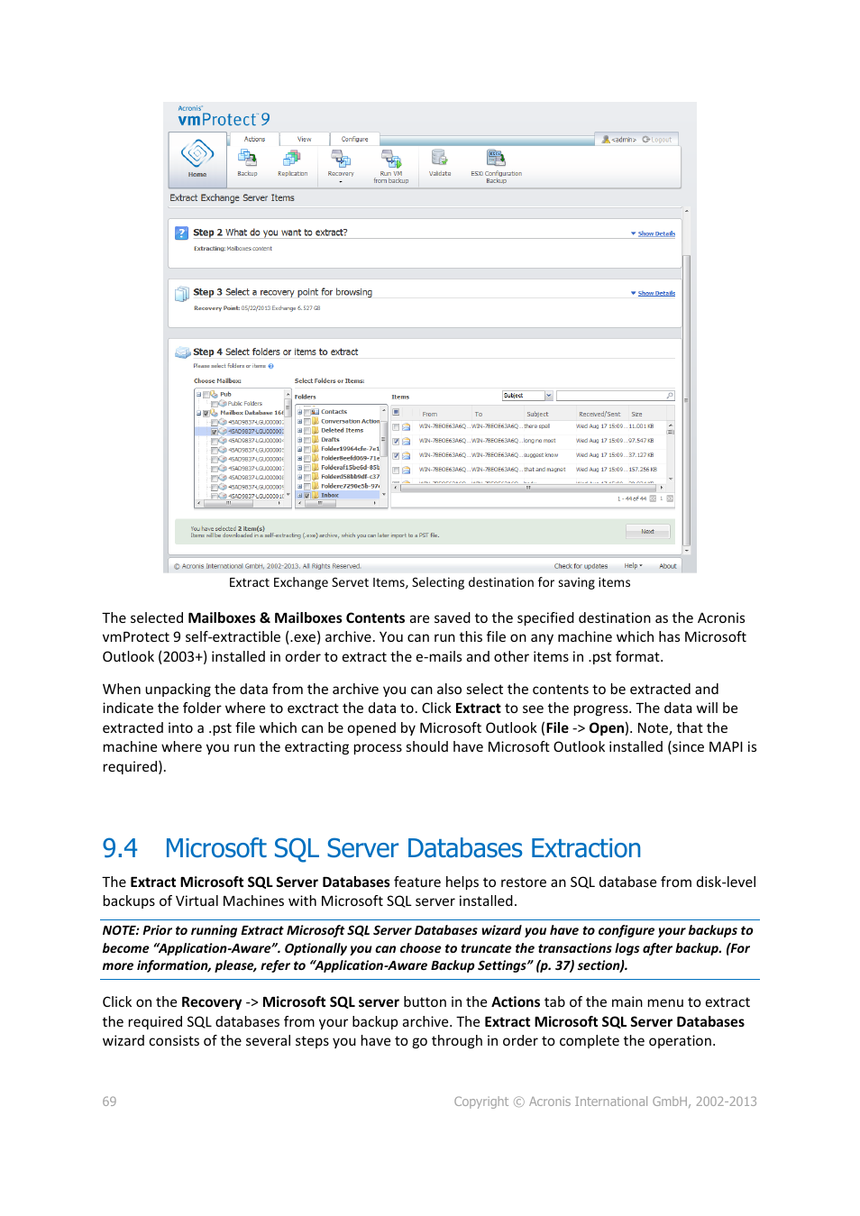 Microsoft sql server databases extraction, 4 microsoft sql server databases extraction | Acronis Backup for VMware 9 - User Guide User Manual | Page 69 / 123