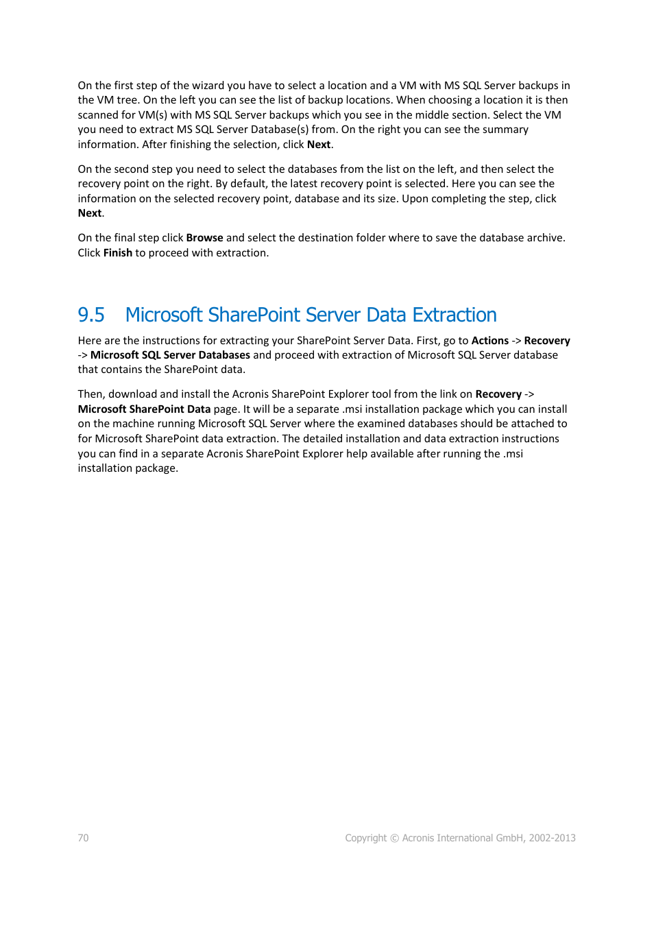 Microsoft sharepoint server data extraction, 5 microsoft sharepoint server data extraction | Acronis Backup for VMware 9 - User Guide User Manual | Page 70 / 123