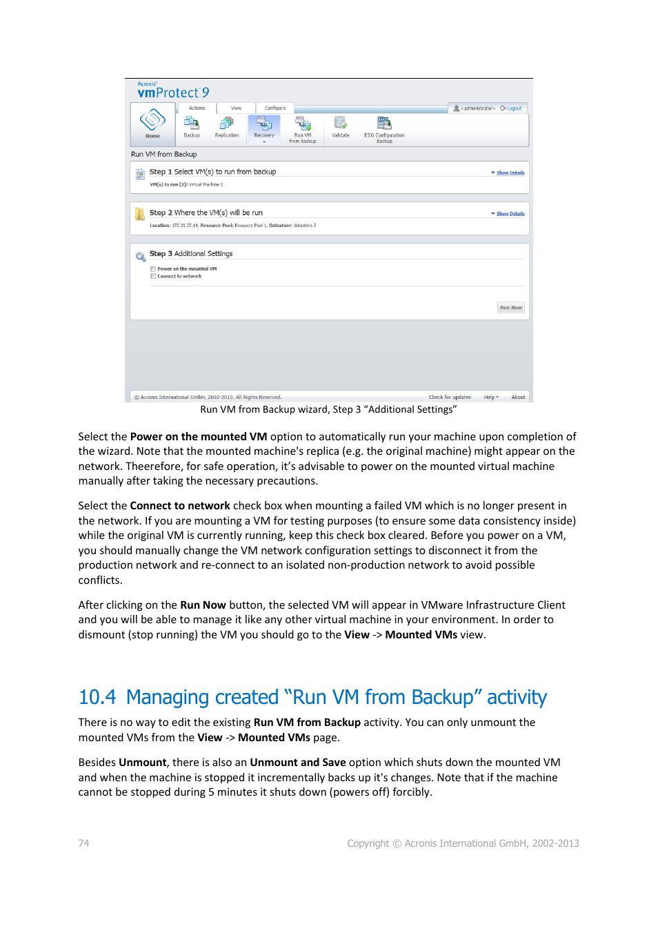 4 managing created “run vm from backup” activity | Acronis Backup for VMware 9 - User Guide User Manual | Page 74 / 123