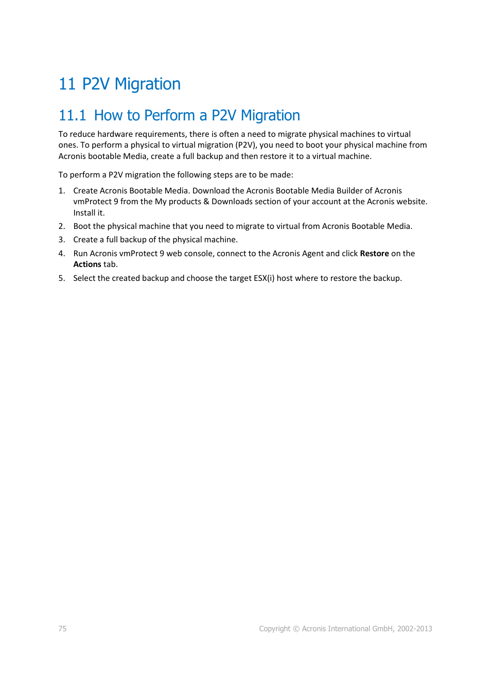 11 p2v migration, 1 how to perform a p2v migration | Acronis Backup for VMware 9 - User Guide User Manual | Page 75 / 123