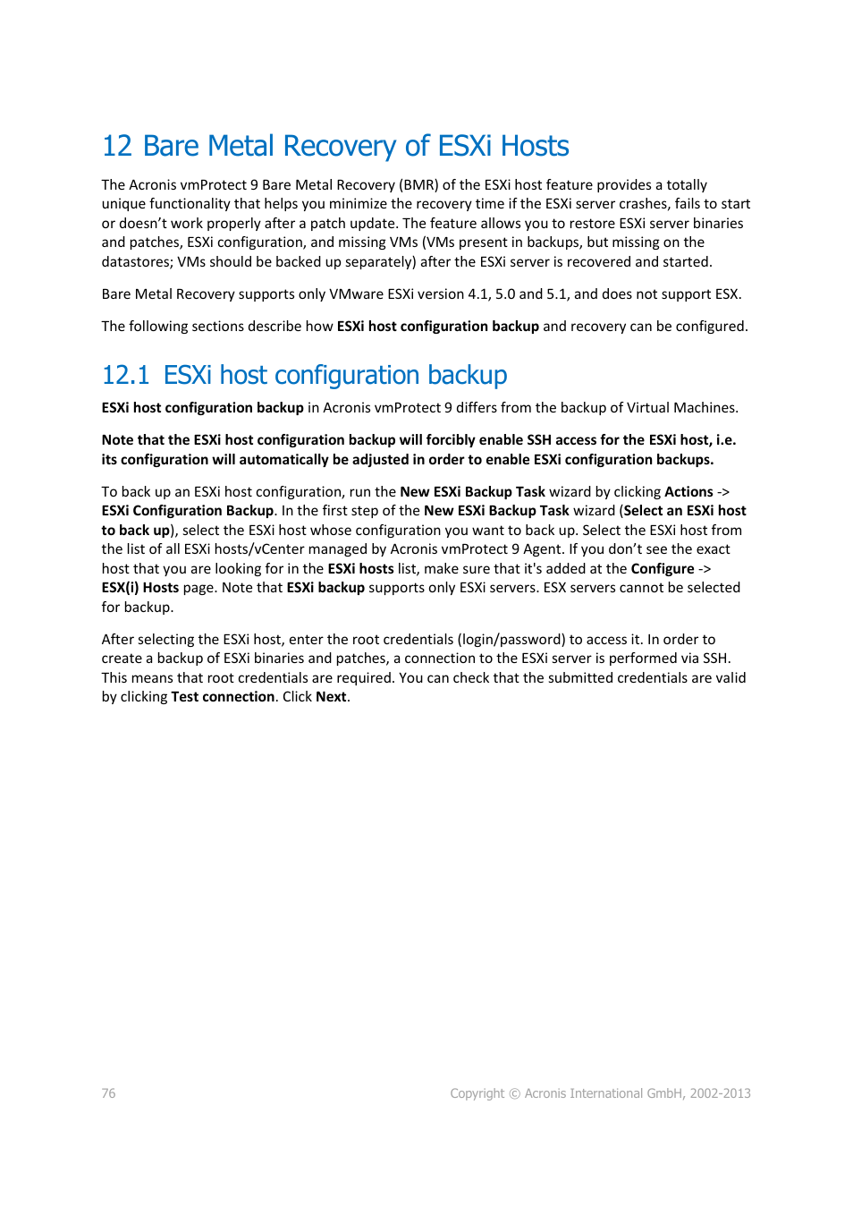 12 bare metal recovery of esxi hosts, 1 esxi host configuration backup | Acronis Backup for VMware 9 - User Guide User Manual | Page 76 / 123