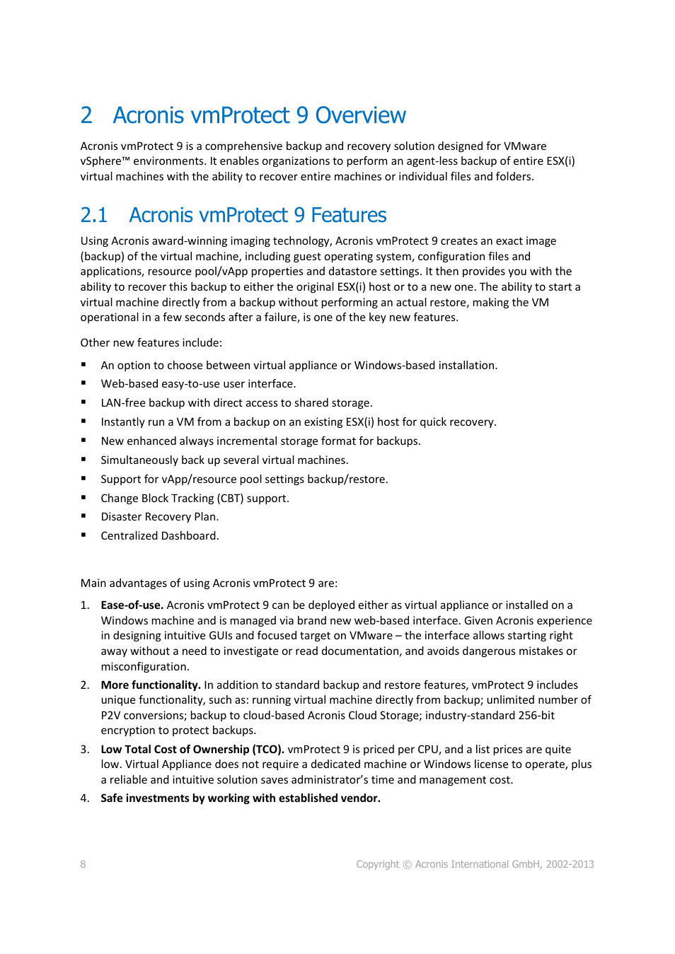 Acronis vmprotect 9 overview, Acronis vmprotect 9 features, 2 acronis vmprotect 9 overview | 1 acronis vmprotect 9 features | Acronis Backup for VMware 9 - User Guide User Manual | Page 8 / 123