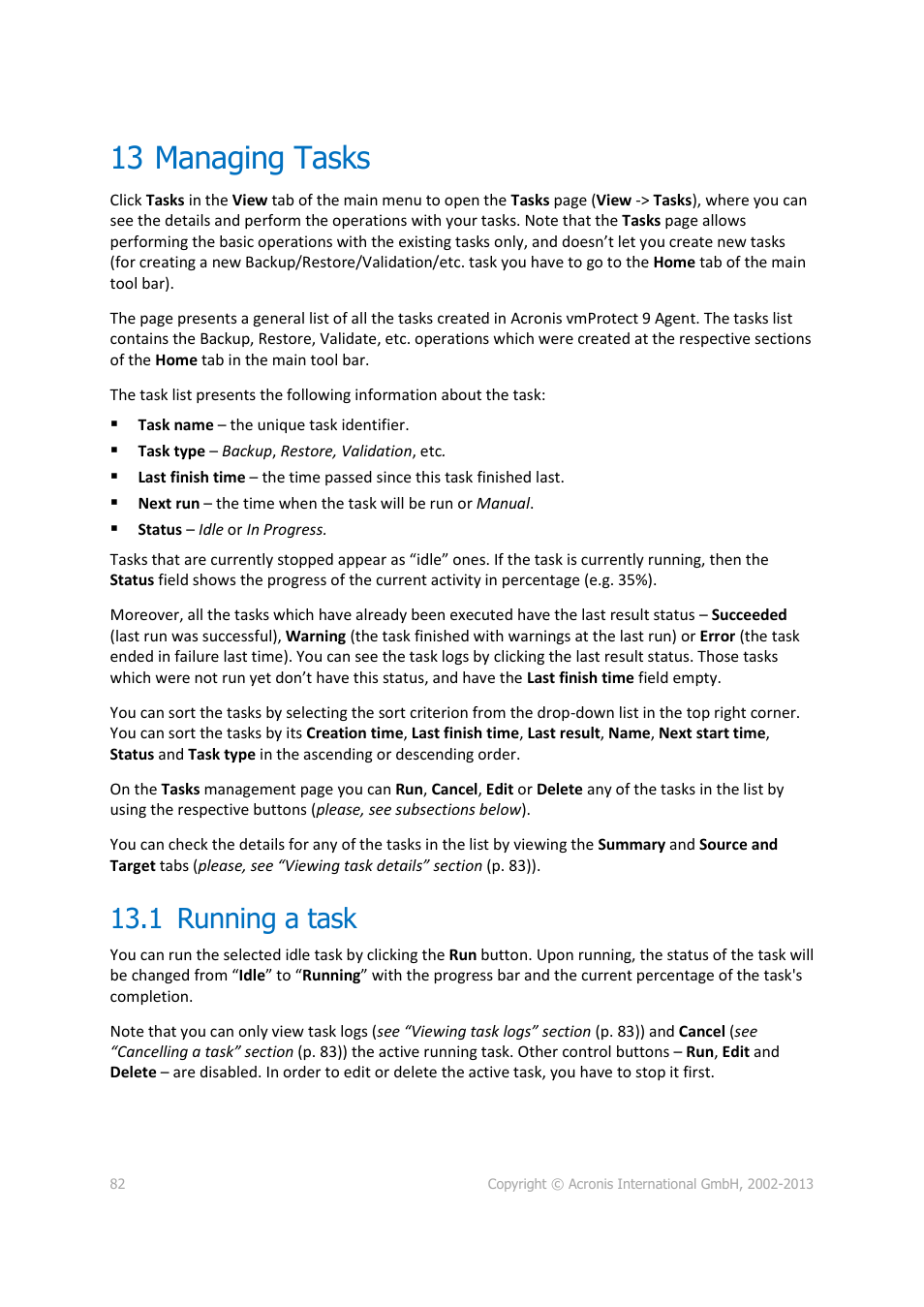 13 managing tasks, 1 running a task | Acronis Backup for VMware 9 - User Guide User Manual | Page 82 / 123