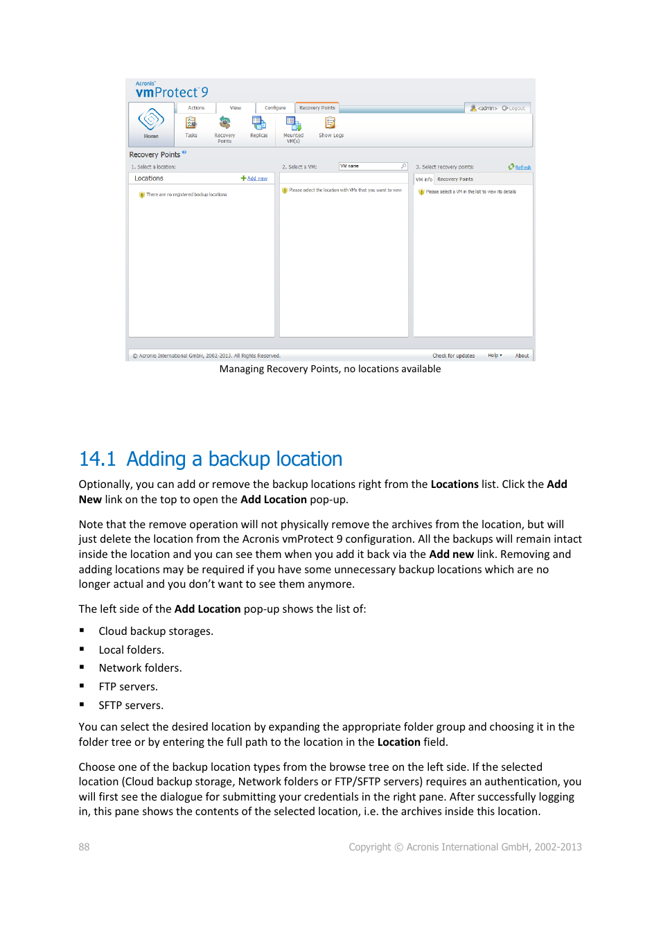 1 adding a backup location | Acronis Backup for VMware 9 - User Guide User Manual | Page 88 / 123