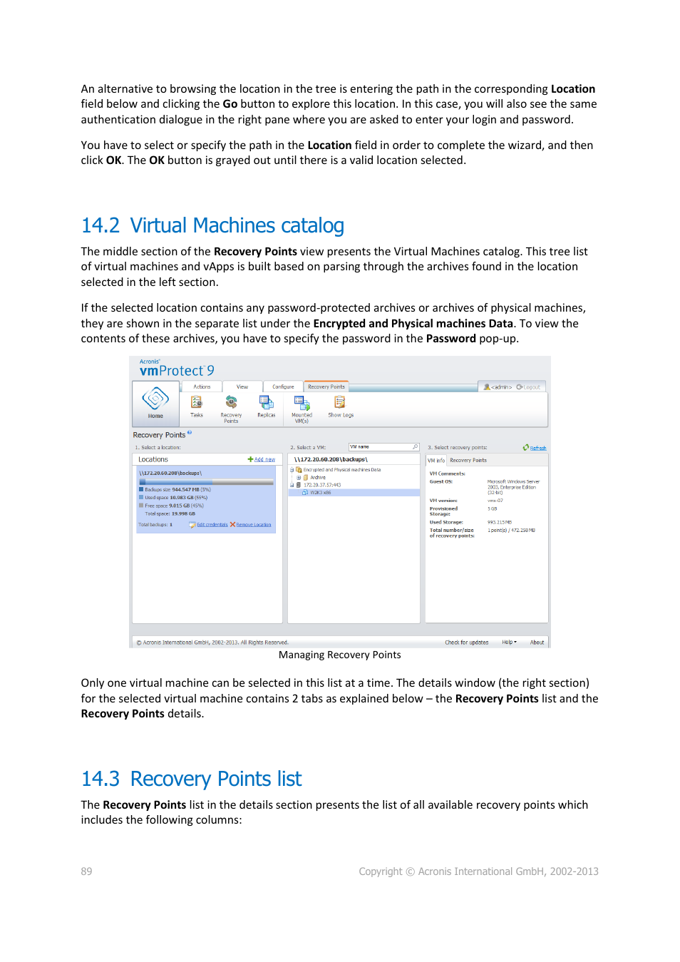 2 virtual machines catalog, 3 recovery points list | Acronis Backup for VMware 9 - User Guide User Manual | Page 89 / 123
