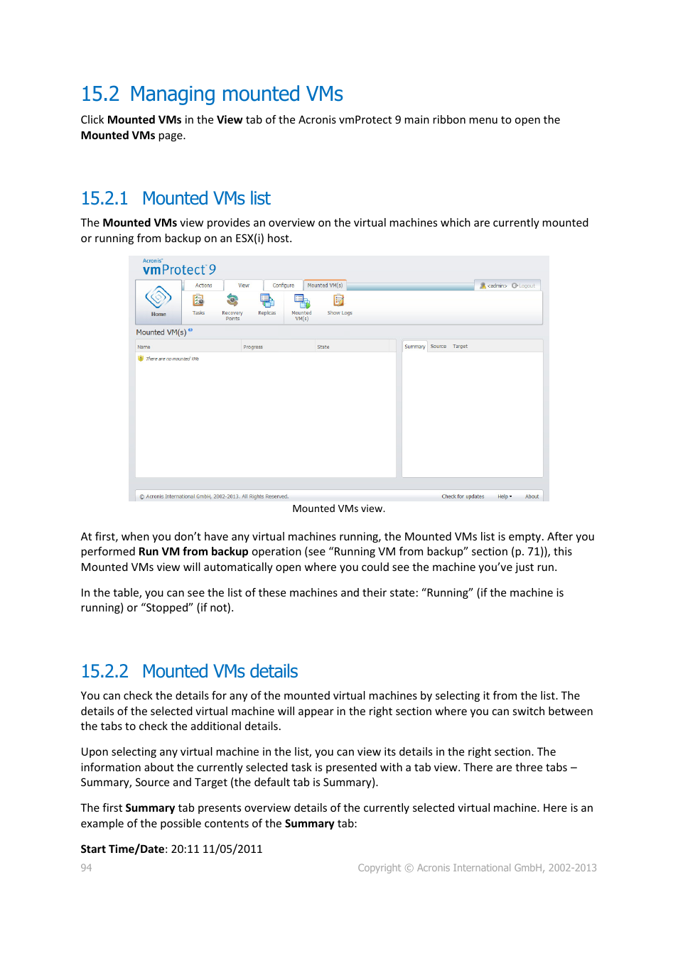 2 managing mounted vms, Mounted vms list, Mounted vms details | P. 94), 1 mounted vms list, 2 mounted vms details | Acronis Backup for VMware 9 - User Guide User Manual | Page 94 / 123